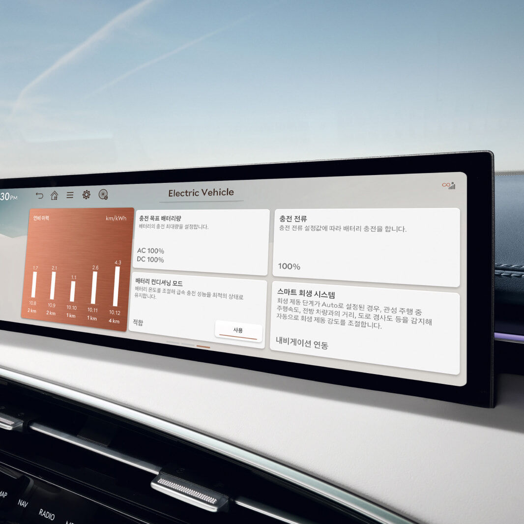 An electric vehicle-specific settings menu is on the vehicle's display.
