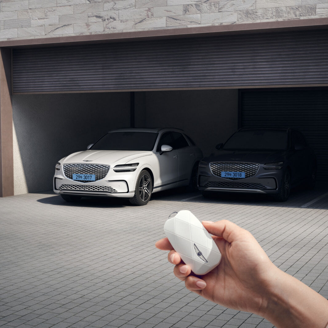 A user is controlling their vehicle remotely by using a smart key from outside the vehicle. 
