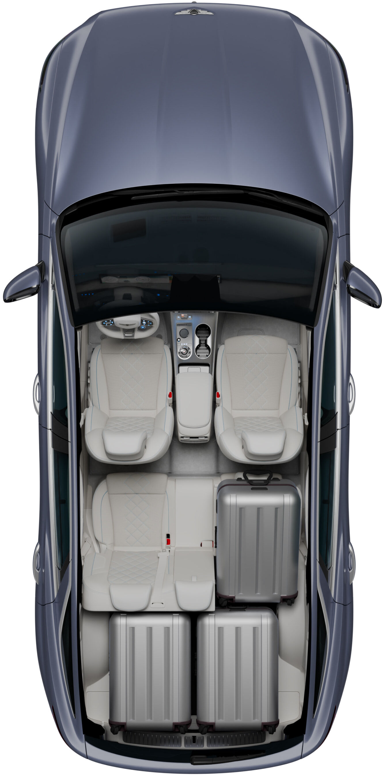 A top-down view of the interior layout of the Electrified GV70, showing the front area, back area, and trunk.