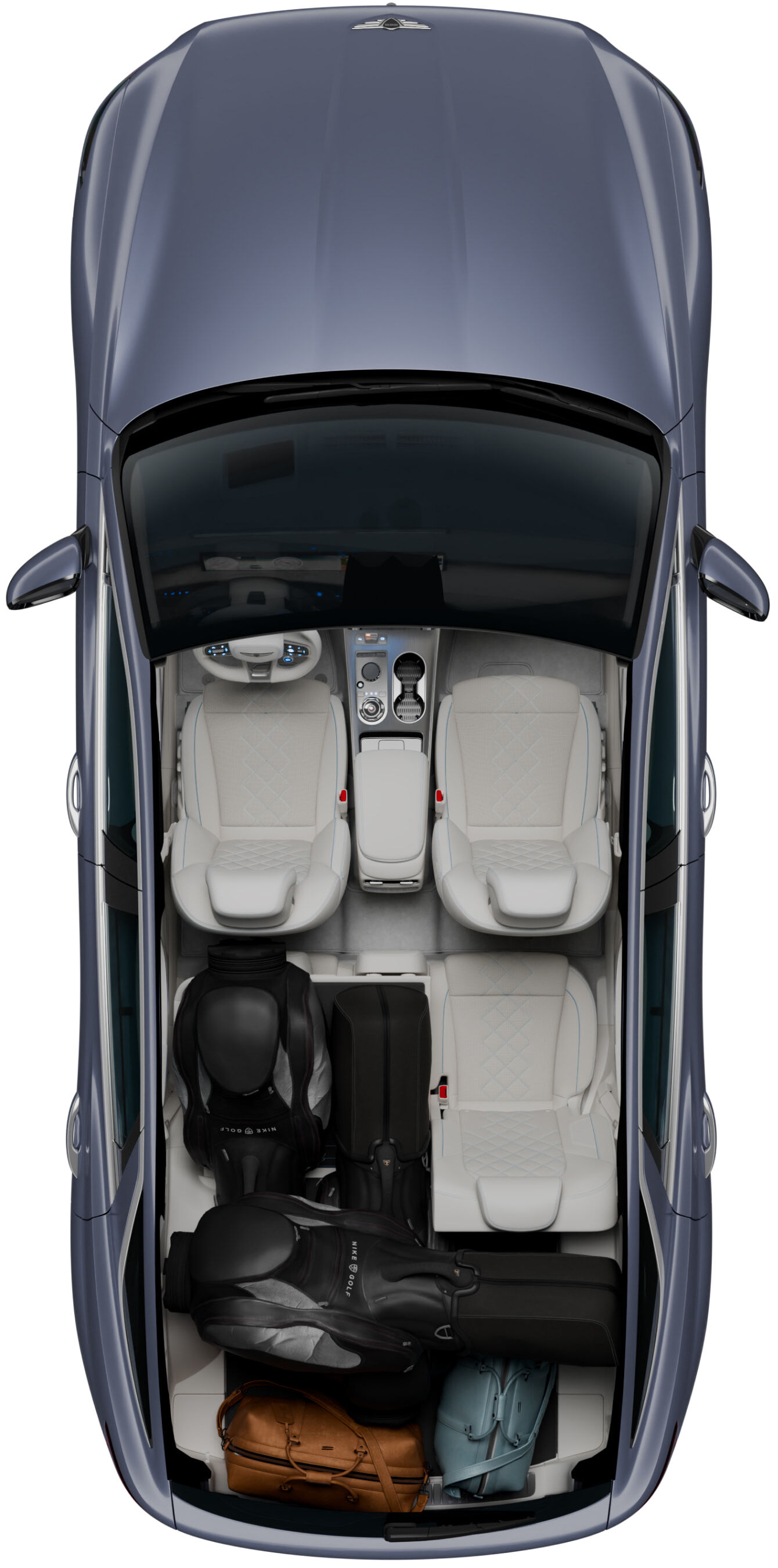 A top-down view of the interior layout of the Electrified GV70, showing the front area, back area, and trunk.