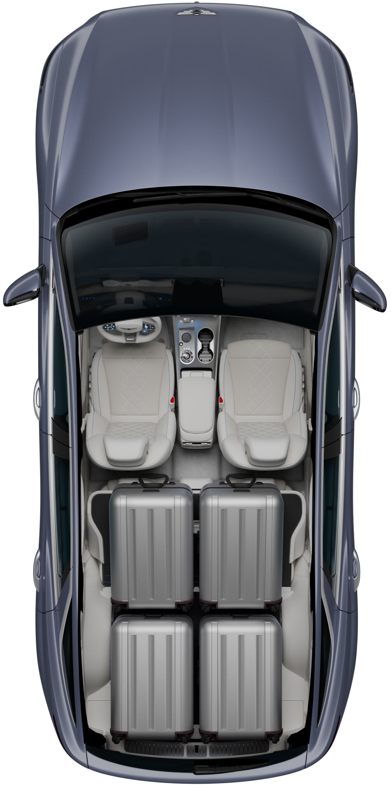 A top-down view of the interior layout of the Electrified GV70, showing the front area, back area, and trunk.