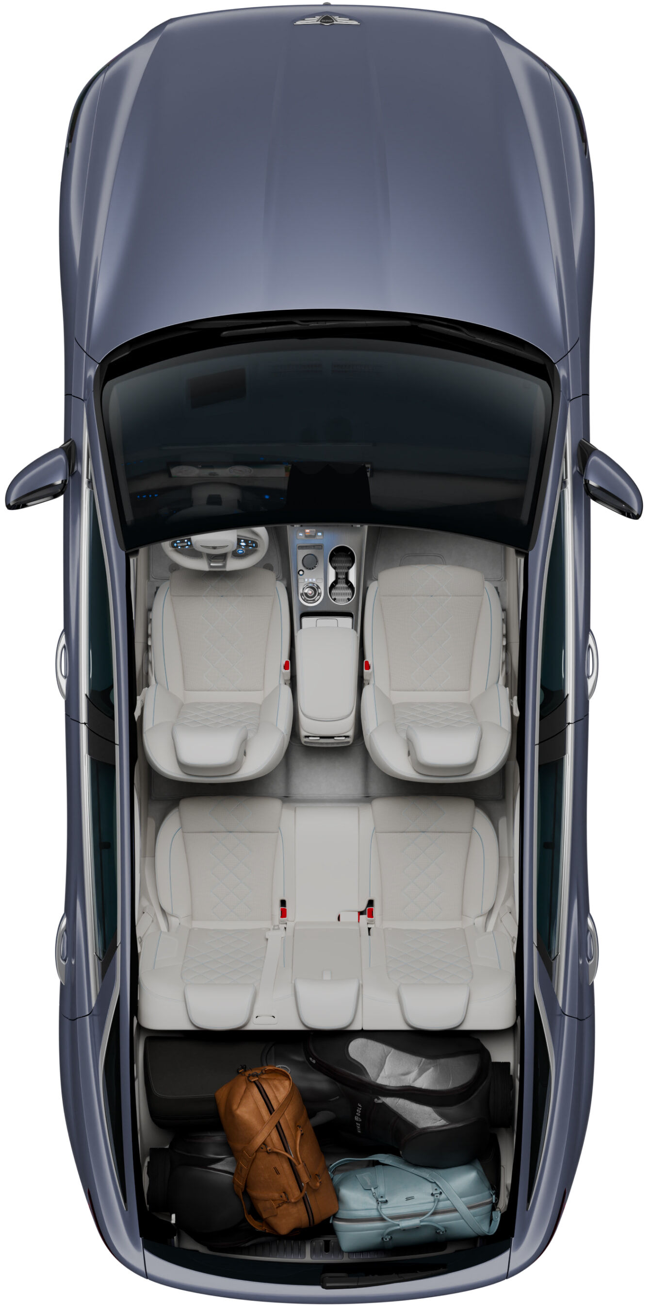 A top-down view of the interior layout of the Electrified GV70, showing the front area, back area, and trunk.