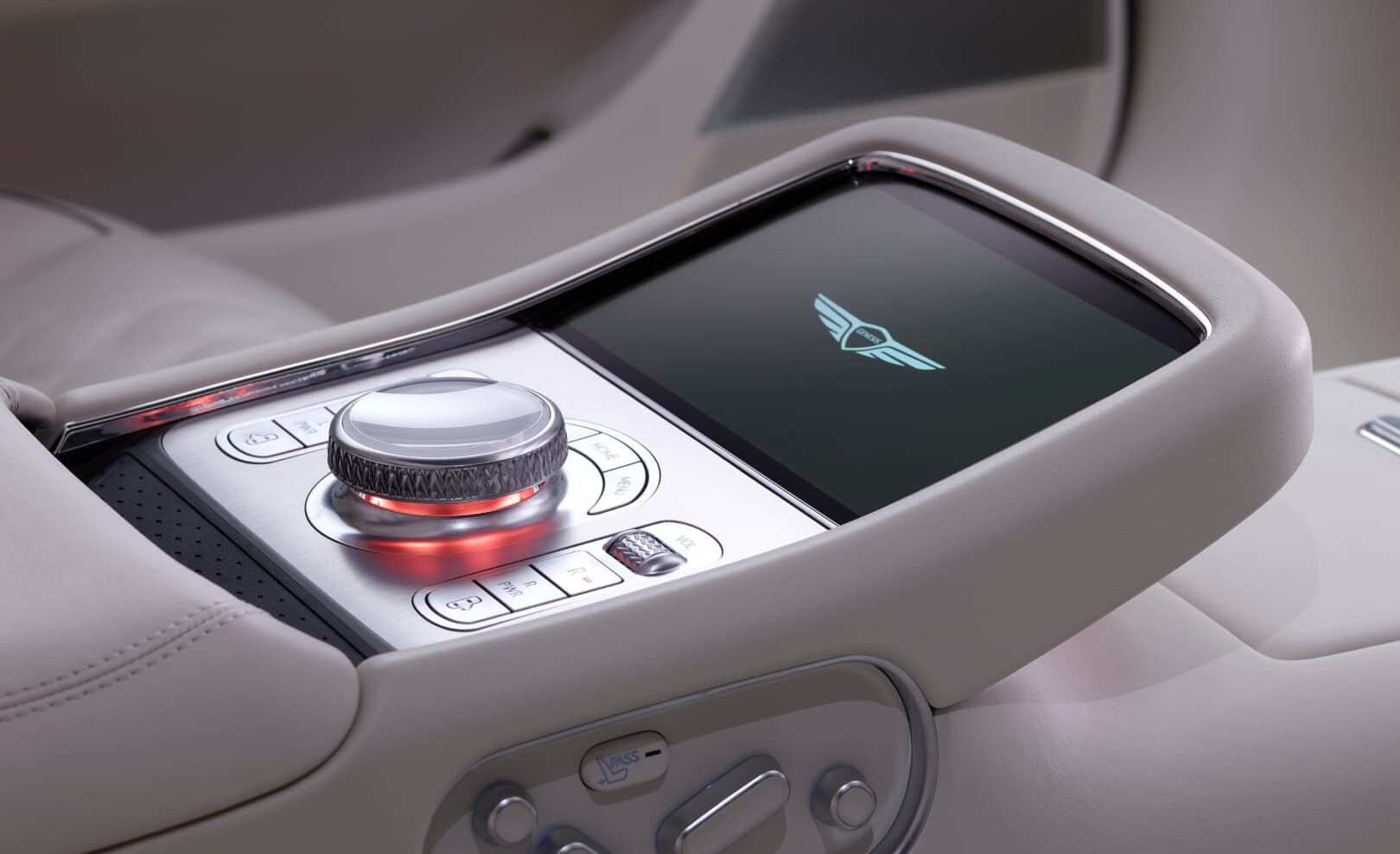 Armrest Touch Screen seen beside Glacier White seats.