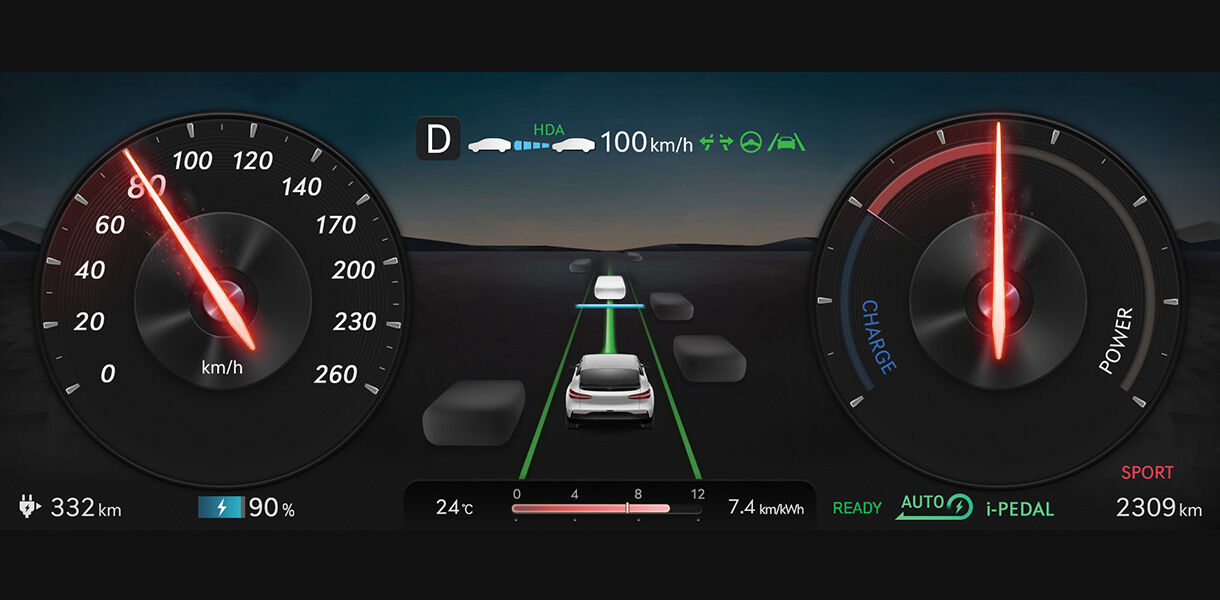 This is the Genesis GV60 cluster screen where you can select a driving mode according to the driver's preference or road conditions.