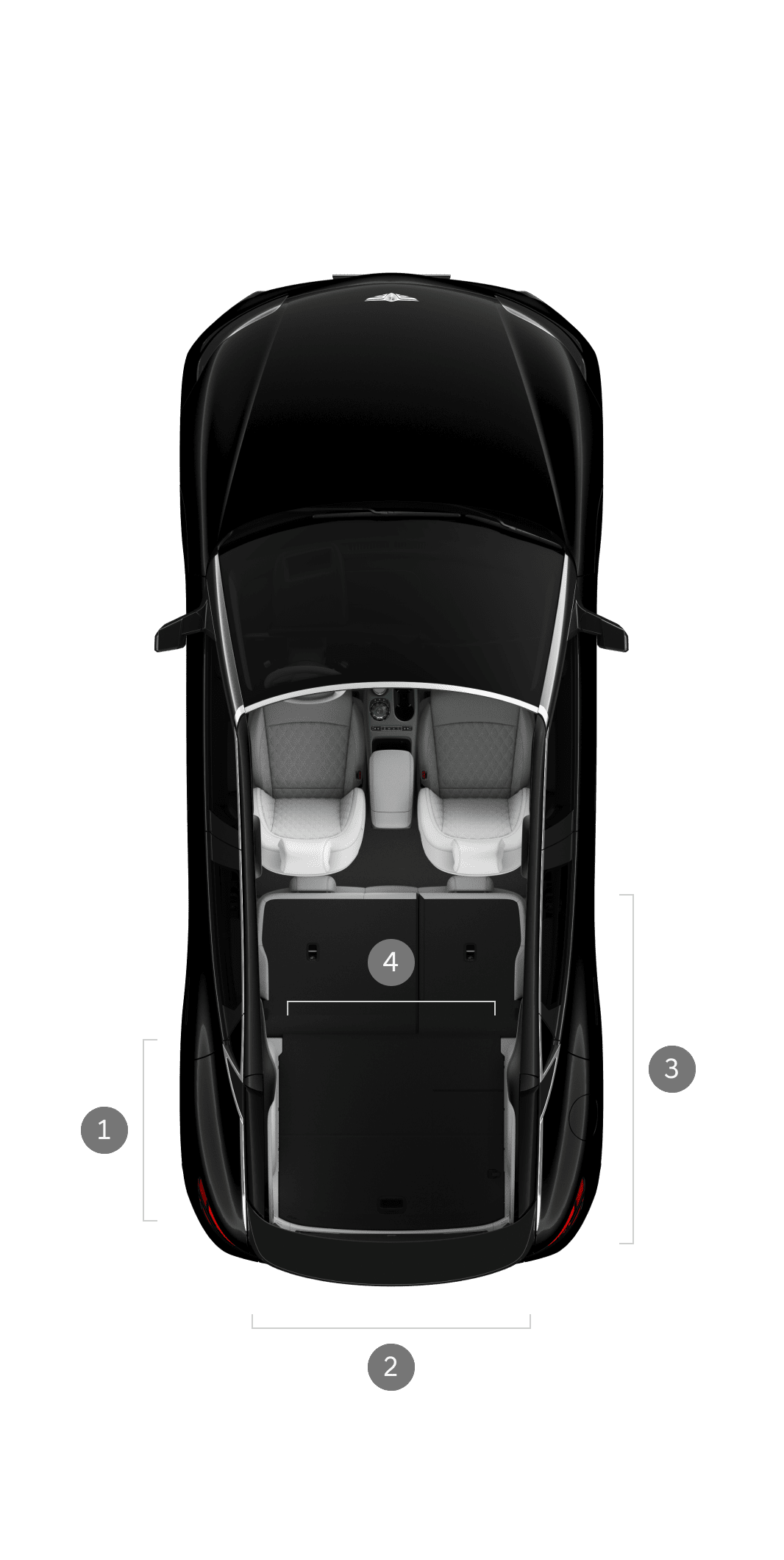 An aerial view of the Uyuni White GV60 interior with the rear seats folded down.