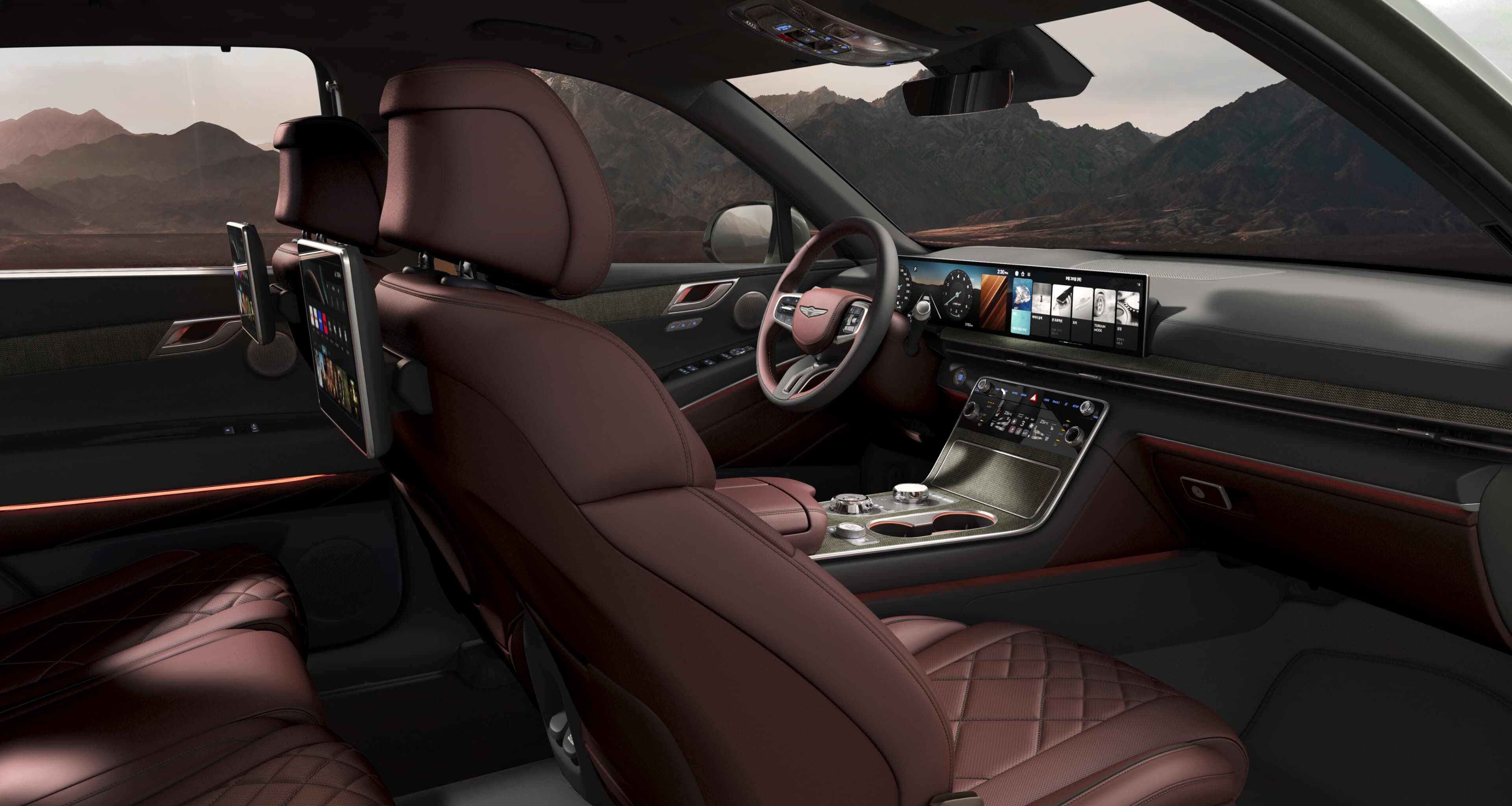 GV80's Slate Gray/Bordeaux Brown Two-tone interior seen from the passenger side.