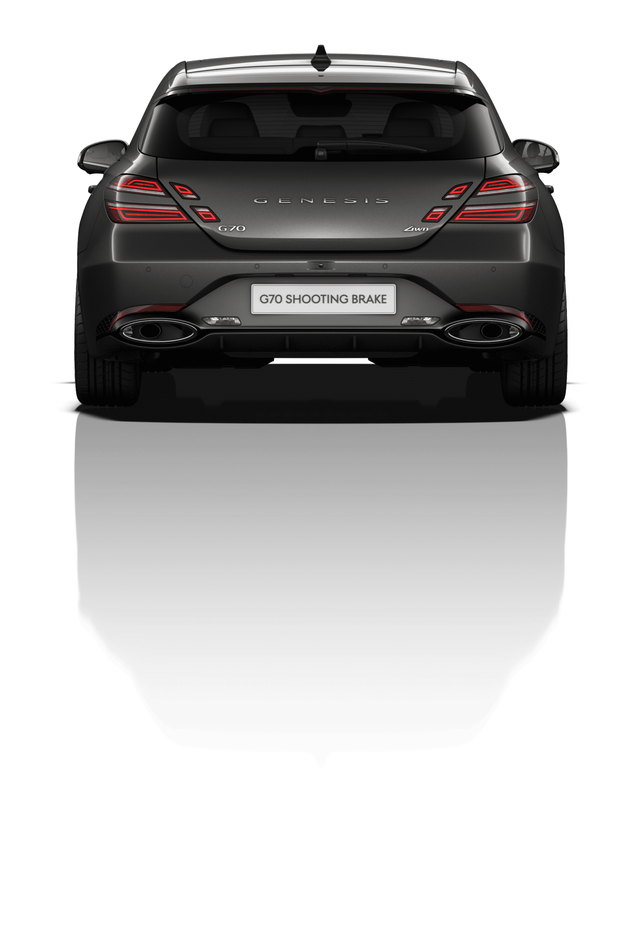 Rear view of the G70 Shooting Brake, emphasizing its twin exhausts and streamlined tailgate.