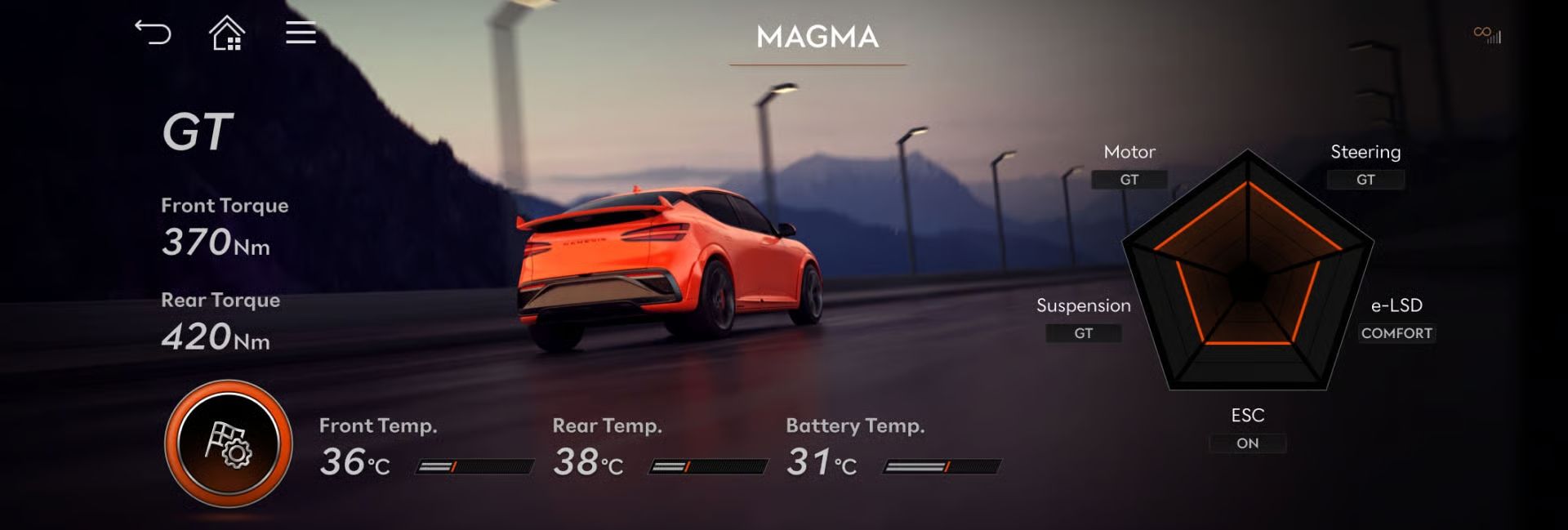 a low angle image of the car focusing on the emblem's crest which sits on the distinct genesis grill