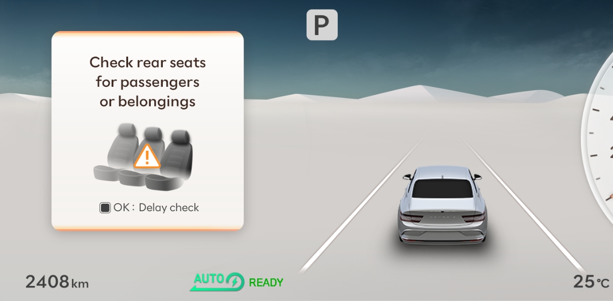 The Electrified G80 uses radar sensors to detect when babies/pets are in the rear seat and will alert the driver by displaying a warning message, as well as transmitting a warning sound, to help prevent inadvertently leaving an occupant behind.