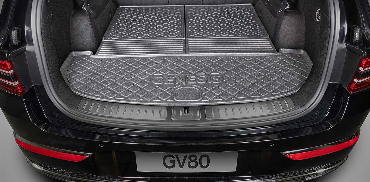 Durable boot liner with integrated seat back protector designed for the Genesis GV80, providing all-weather protection and a custom fit for the cargo area.