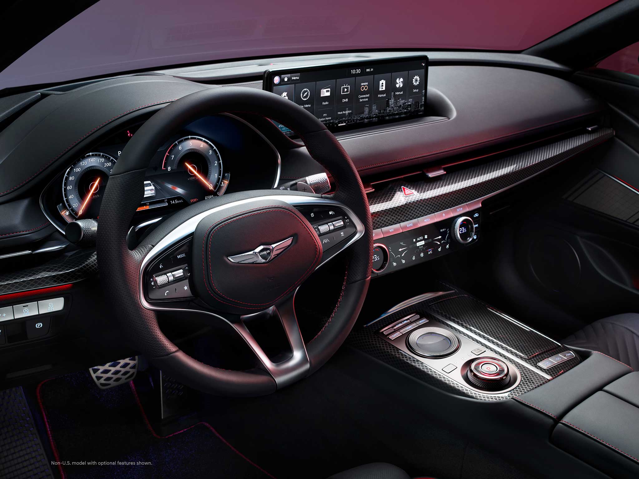 2022 Genesis G80 interior steering wheel and instrumentation.