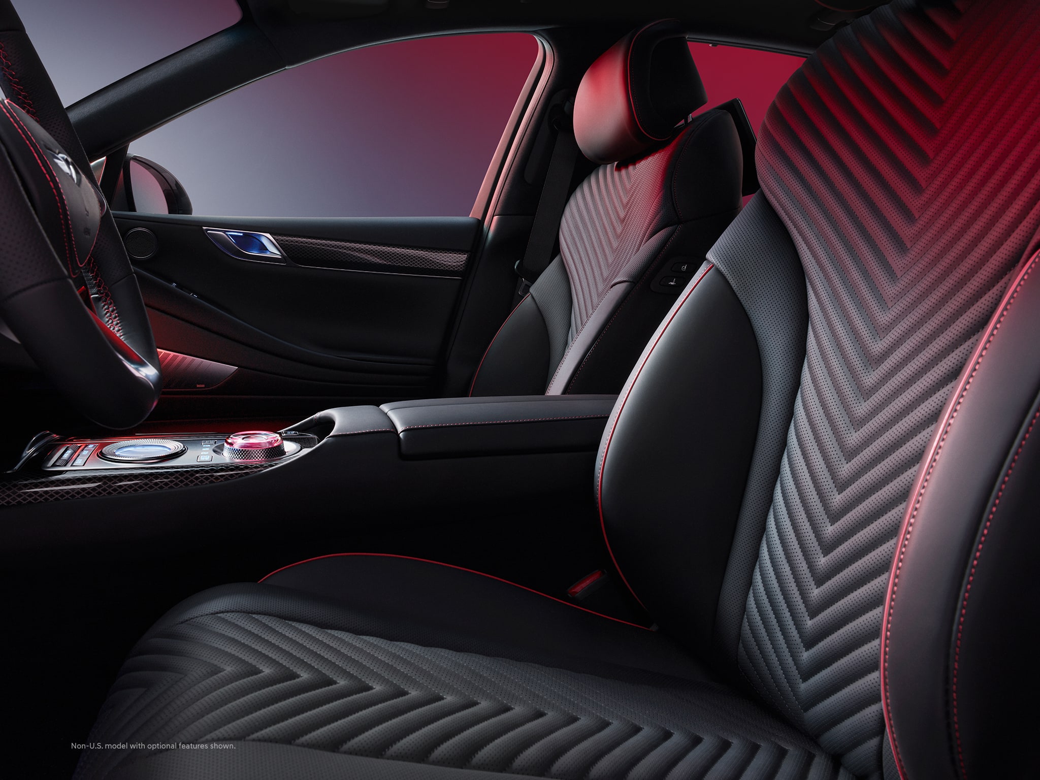 2022 Genesis G80 interior shown in Black with Red Stitching.
