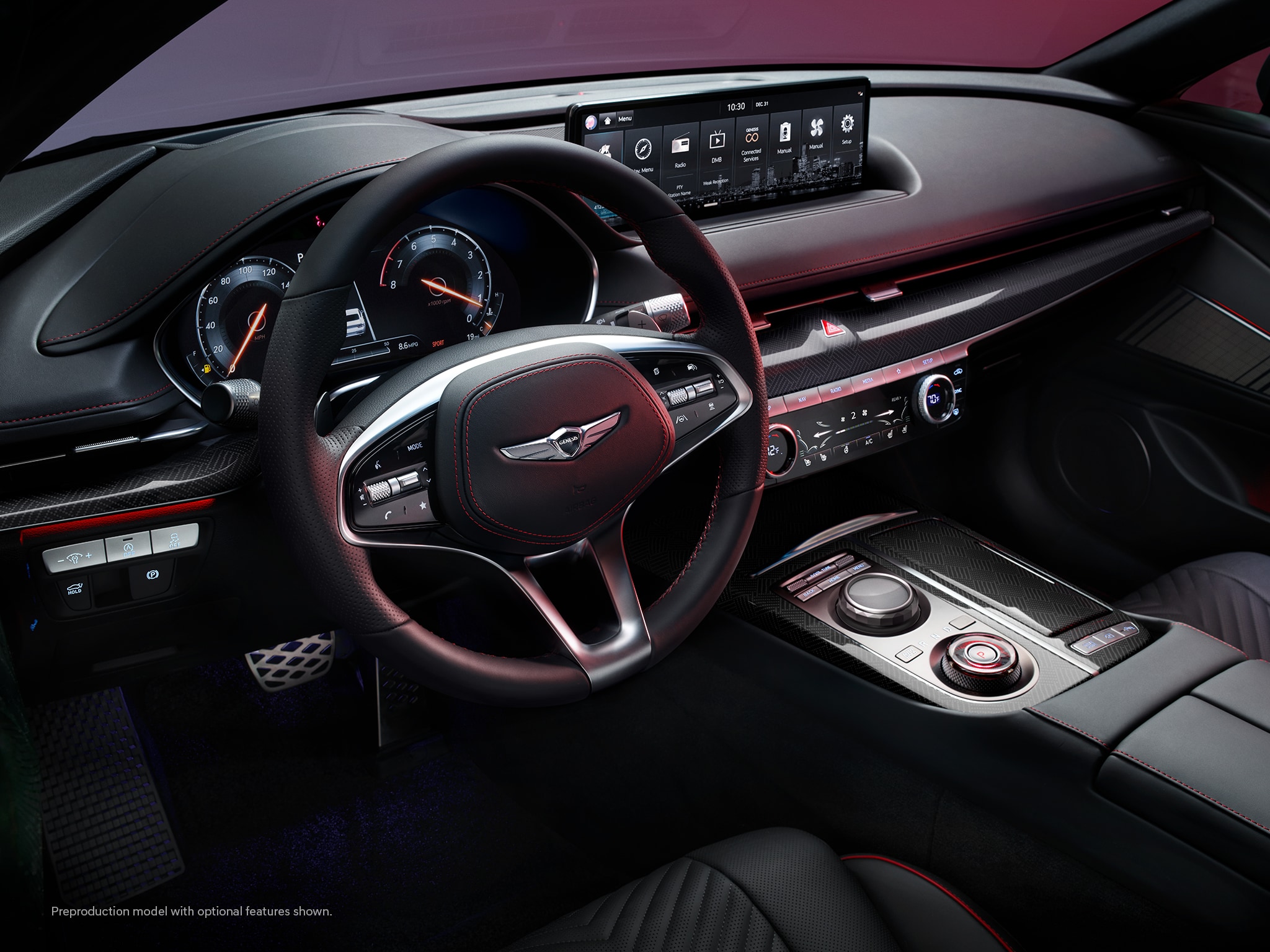 2023 Genesis G80 interior shown in Black with Red Stitching.