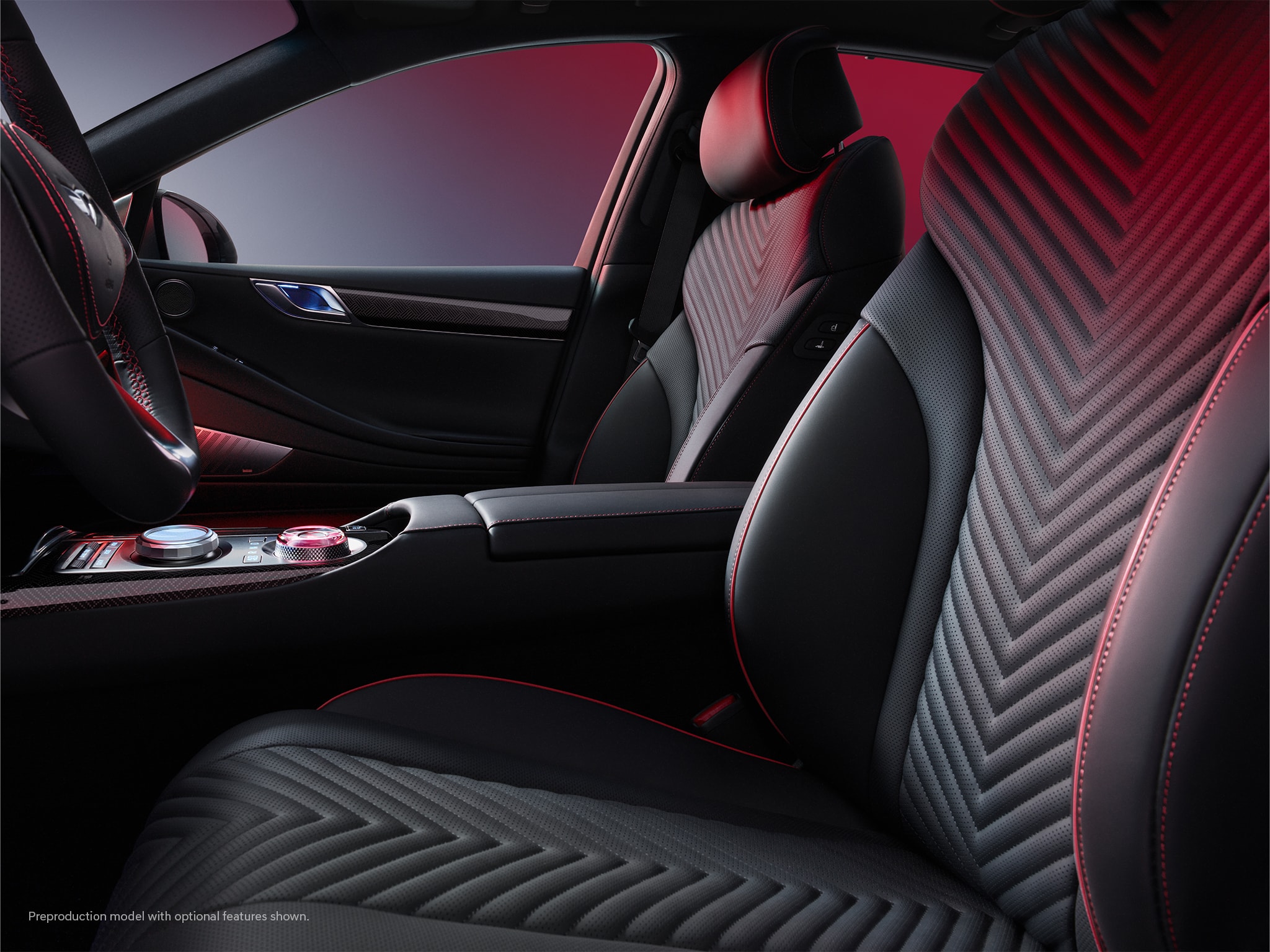 2023 Genesis G80 interior shown in Black with Red Stitching.