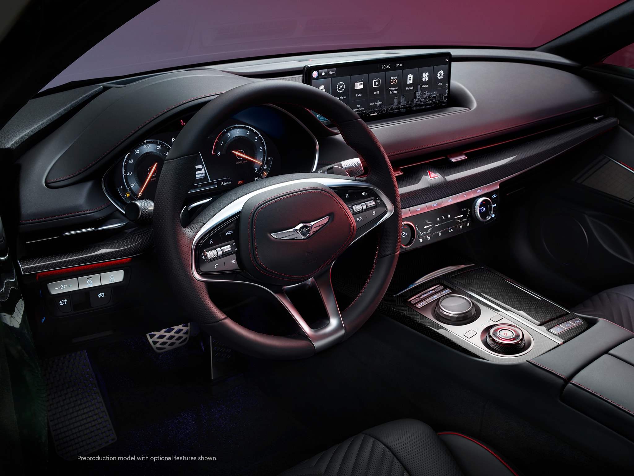 2023 Genesis G80 interior shown in Black with Red Stitching.