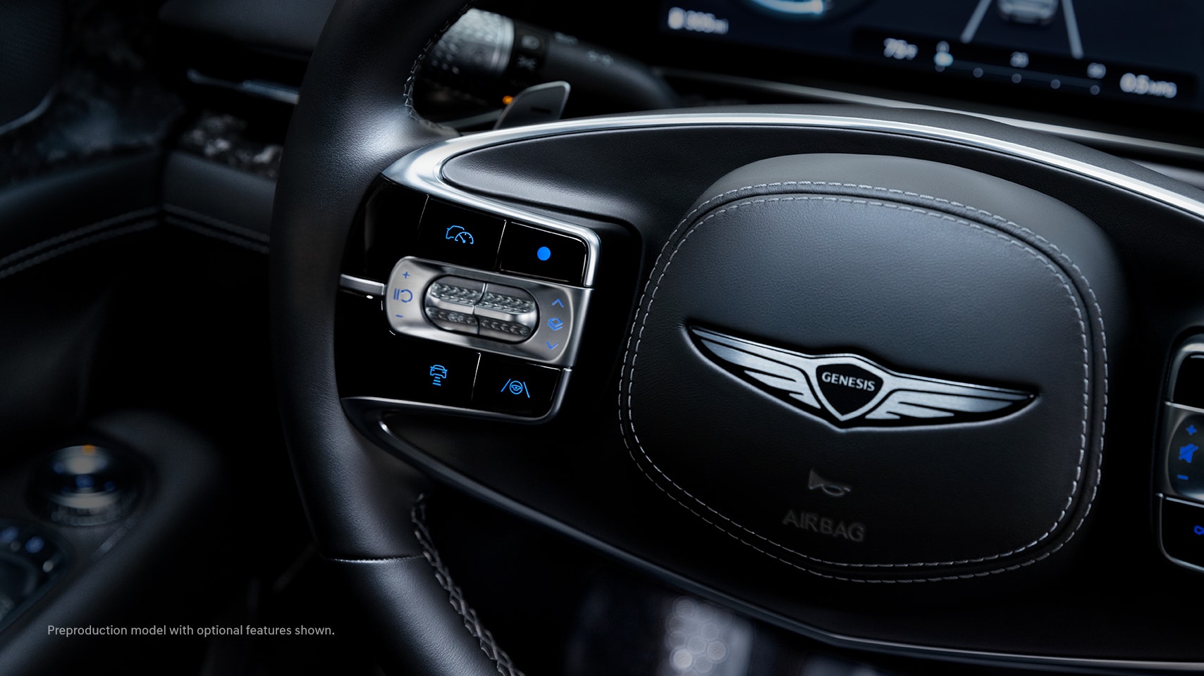 2023 Genesis G90 steering wheel with Smart Cruise Control buttons.