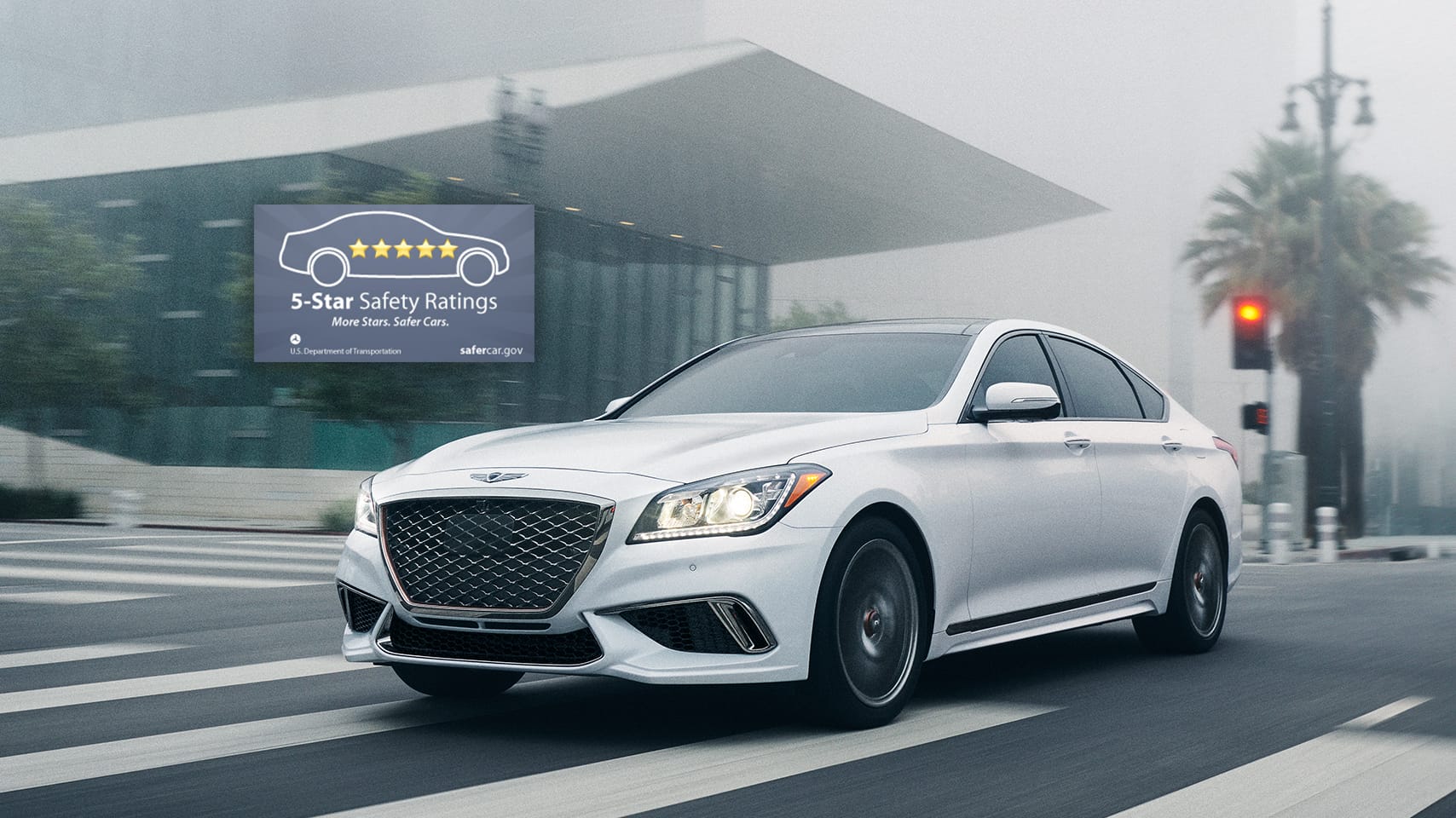 2020 Genesis G80 shown in Uyuni White with National Highway Traffic Safety Administrations award badge.