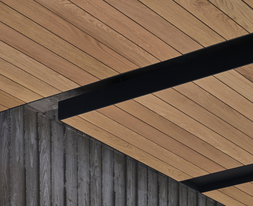 A building's interior ceiling designed with Korean wood.